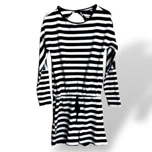 Elia Cher Striped Black and White Long Sleeve Romper With Cut Out Back
